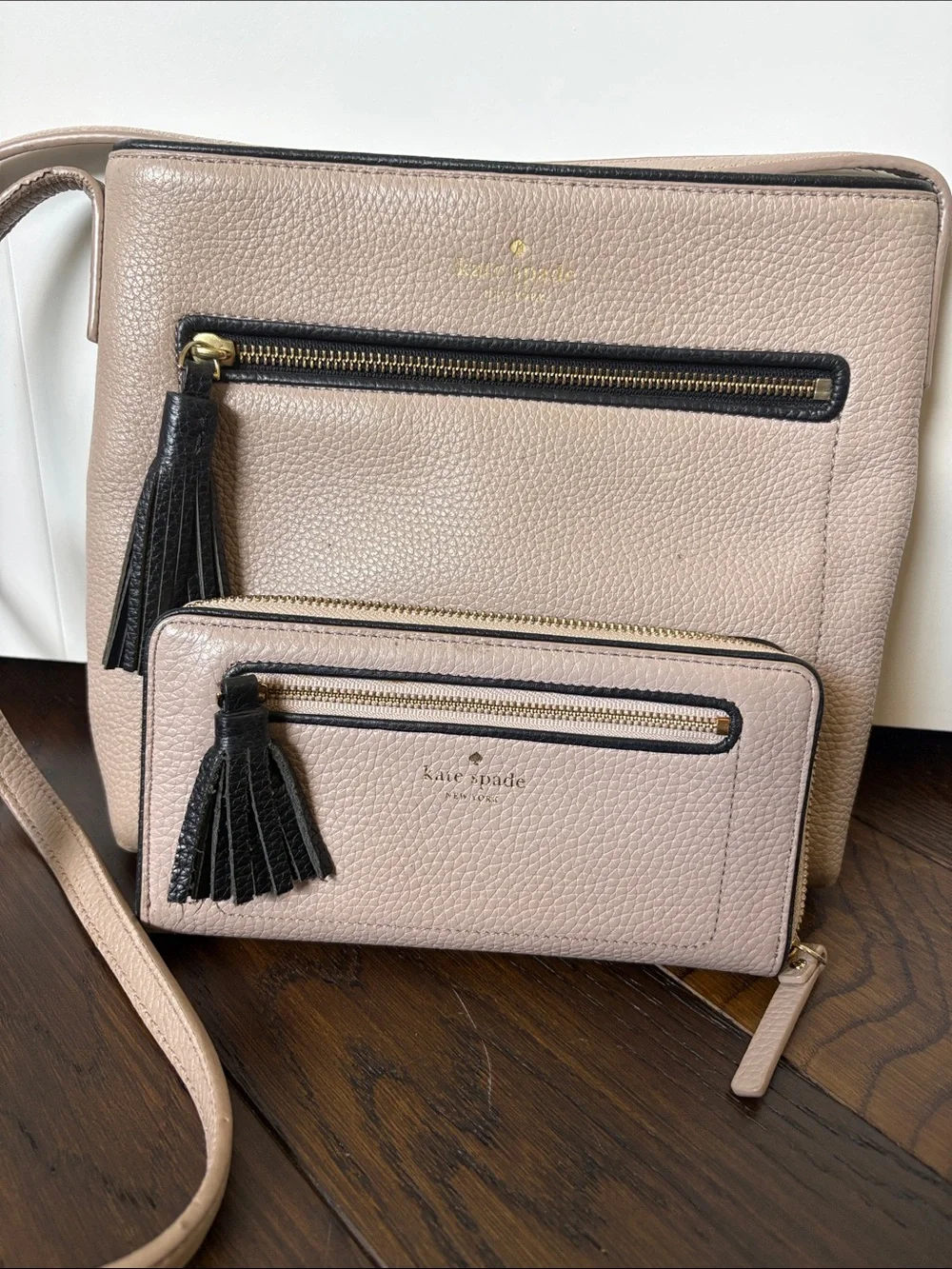 kate spade Blush Beige Leather Crossbody and Wallet Set with Black Trim